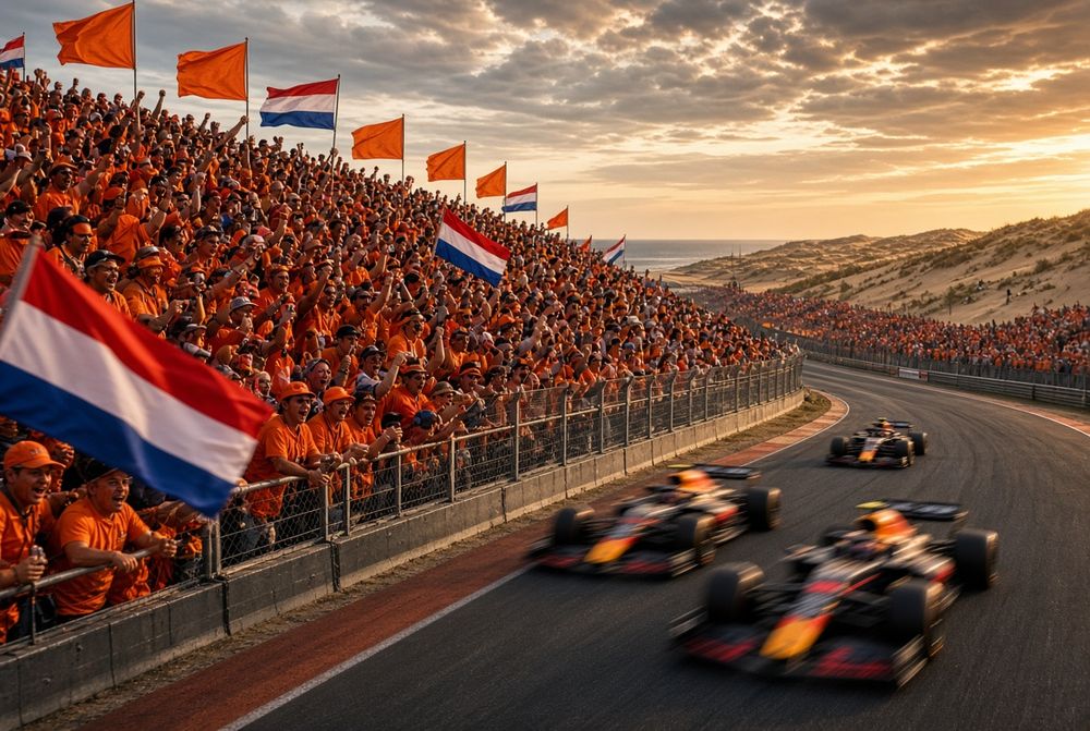 Formula 1 race cars speed past orange-clad spectators waving Dutch flags at sunset.