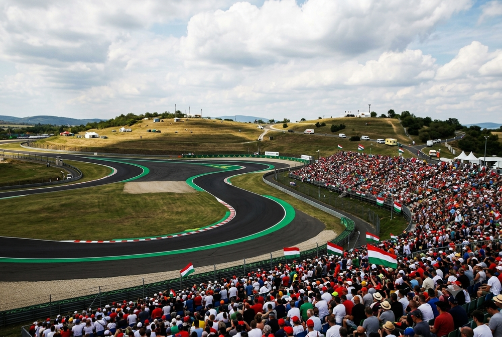 Spectators fill grandstands overlooking a winding race track under a cloudy sky.