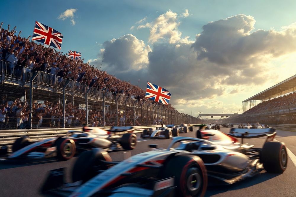 Formula 1 cars are lined up on the starting grid with spectators and British flags.