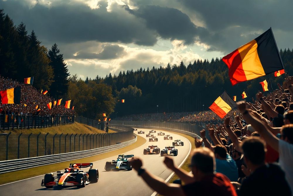 Formula 1 race cars speed around a track as spectators wave Belgian flags.