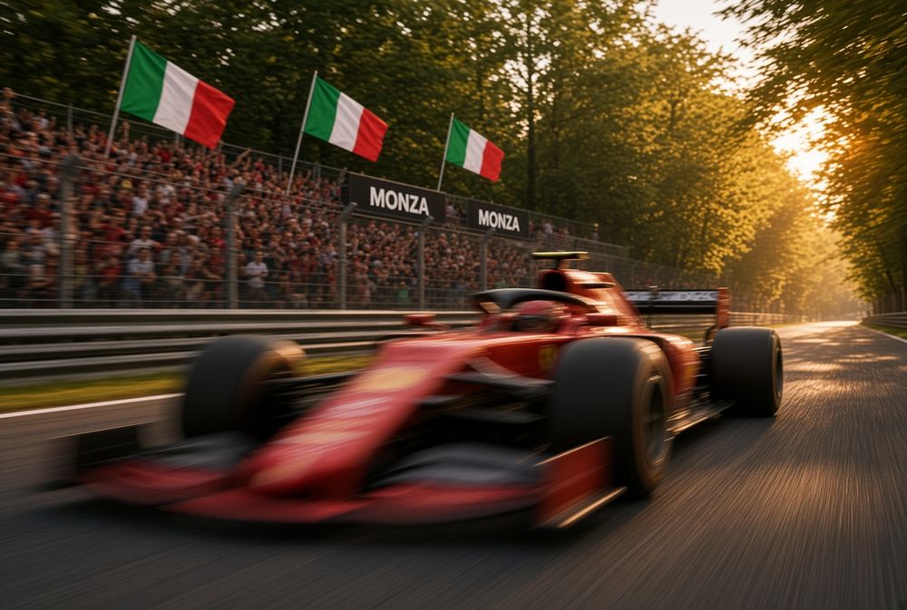 Red Formula 1 car speeding on the Monza race track with Italian flags and spectators.