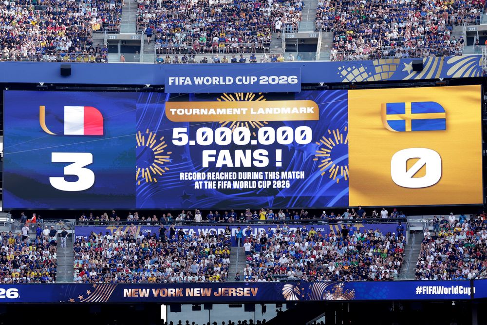 FIFA World Cup 2026 scoreboard shows France 3, Sweden 0, and 5 million fans.