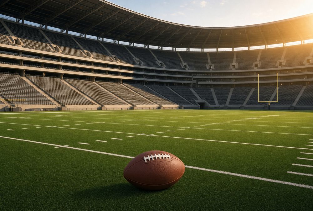 American football on a green field in an empty stadium, bathed in sunlight.