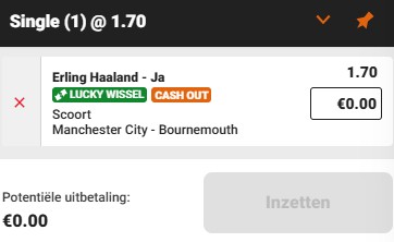 Sports betting slip with a wager on Erling Haaland scoring in Manchester City vs Bournemouth.