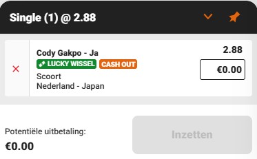 Betting slip displaying a single bet on Cody Gakpo scoring in Netherlands versus Japan.