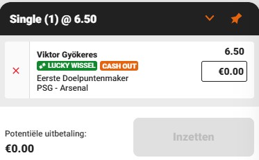Betting slip: Viktor Gyökeres as first goalscorer in PSG-Arsenal match with 6.50 odds.